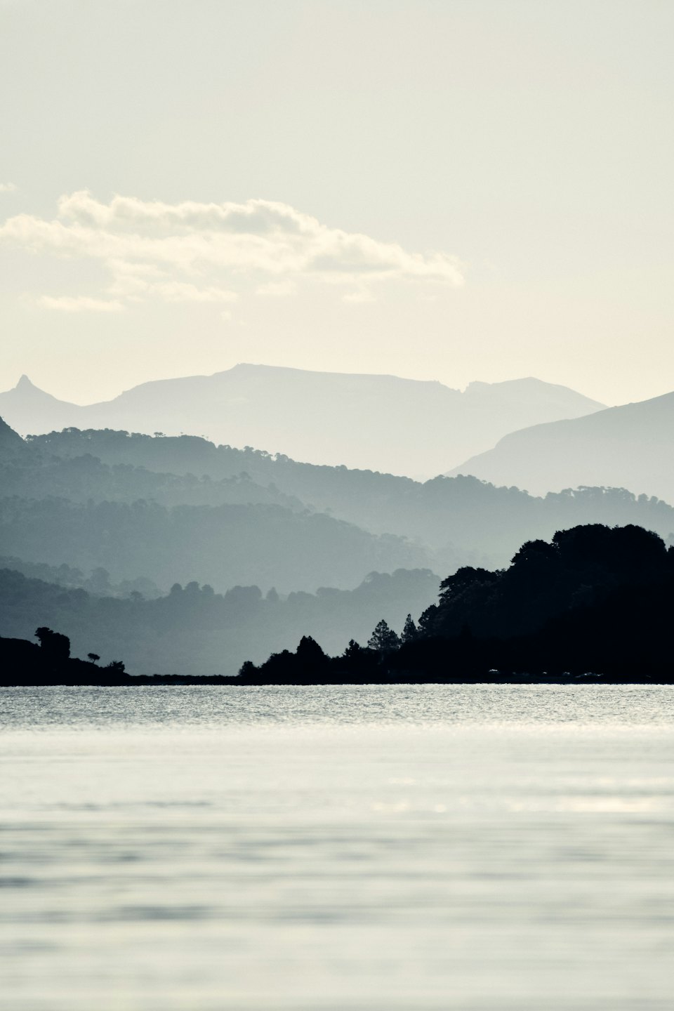Ruhiges Wasser spiegelt baumbedeckte Berge unter einem bewölkten Himmel.